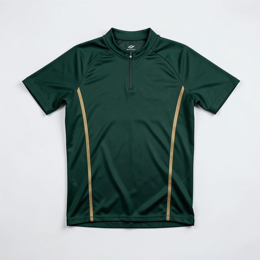 A crisp studio photograph of a cycling jersey laid flat on a white seamless backdrop, predominantly deep green with subtle gold accent stripes, fabric texture visible.