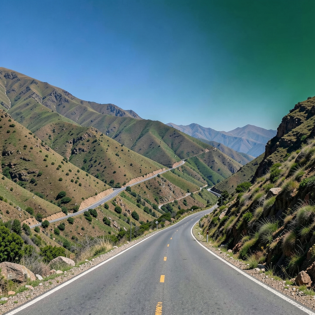A sweeping landscape photograph of a winding mountain pass in the Cape region, rich greens and earthy browns under a clear blue sky, empty road stretching ahead.