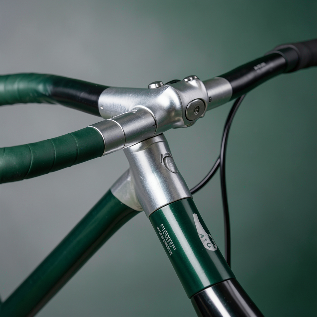 A close-up studio photograph of a road bike handlebar and stem against a soft grey seamless backdrop, with deep green bar tape and polished silver components catching gentle light.